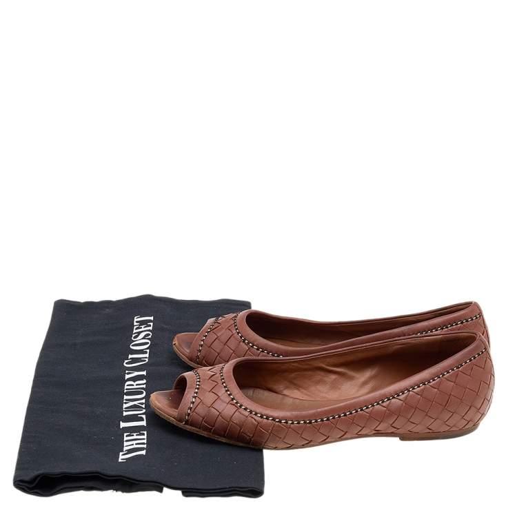 Pre Owned Bottega Veneta Brown Intrecciato Leather Peep Toe Ballet Flats Size 36