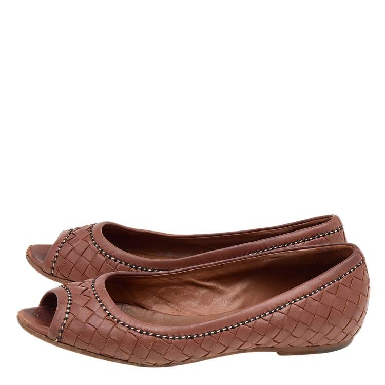 Pre Owned Bottega Veneta Brown Intrecciato Leather Peep Toe Ballet Flats Size 36