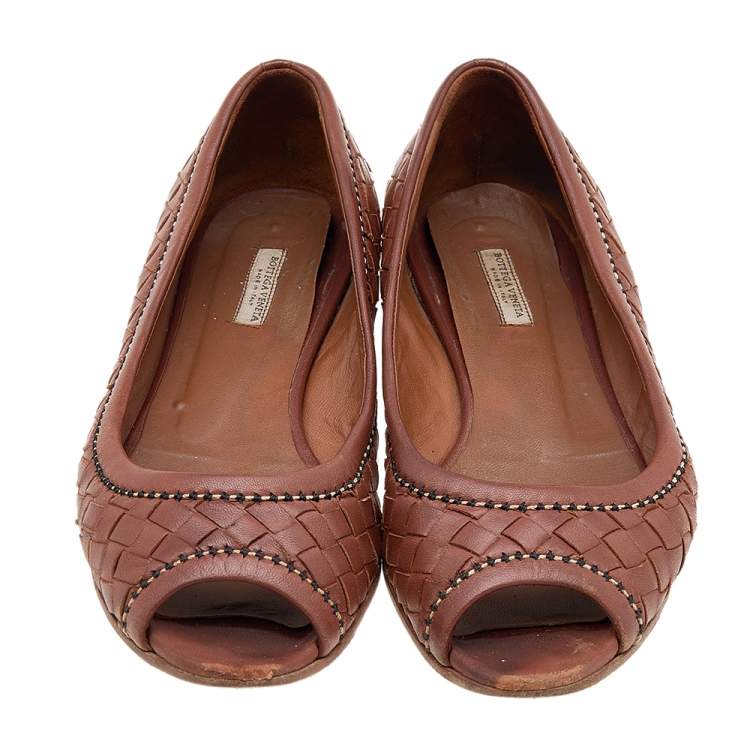 Pre Owned Bottega Veneta Brown Intrecciato Leather Peep Toe Ballet Flats Size 36