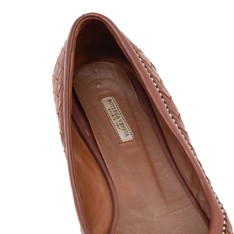 Pre Owned Bottega Veneta Brown Intrecciato Leather Peep Toe Ballet Flats Size 36