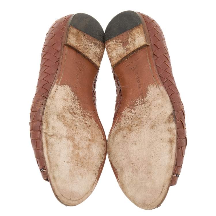 Pre Owned Bottega Veneta Brown Intrecciato Leather Peep Toe Ballet Flats Size 36