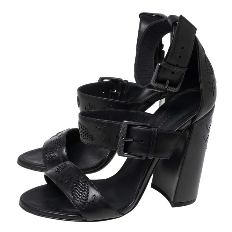 Pre Owned Bottega Veneta Black Intrecciato Leather Ankle Strap Sandals Size 38