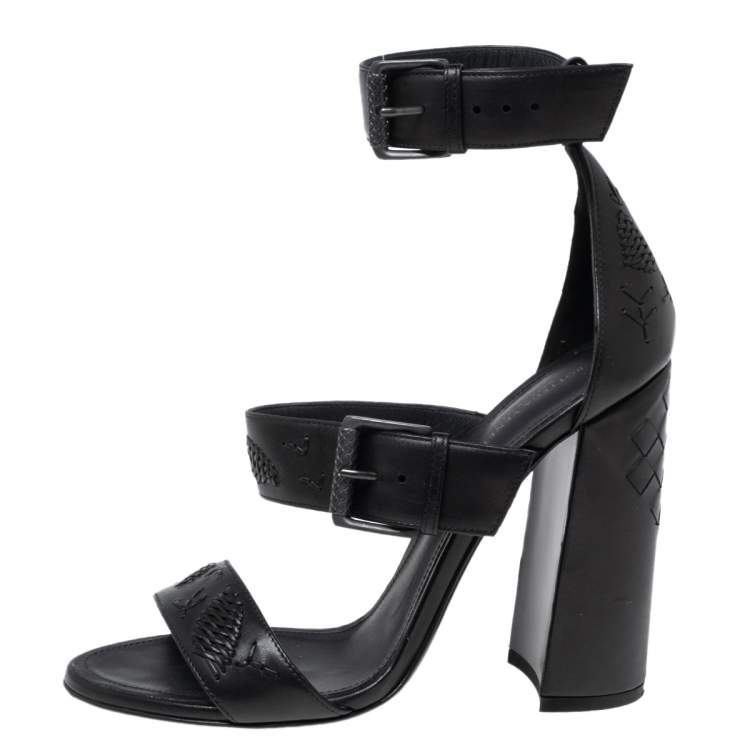 Pre Owned Bottega Veneta Black Intrecciato Leather Ankle Strap Sandals Size 38