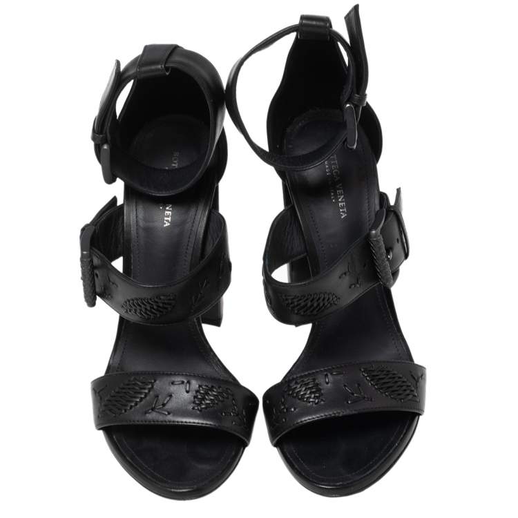 Pre Owned Bottega Veneta Black Intrecciato Leather Ankle Strap Sandals Size 38