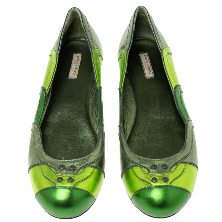 Pre Owned Bottega Veneta Metallic Green Leather Ballet Flats Size 38