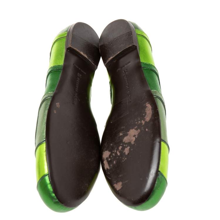 Pre Owned Bottega Veneta Metallic Green Leather Ballet Flats Size 38
