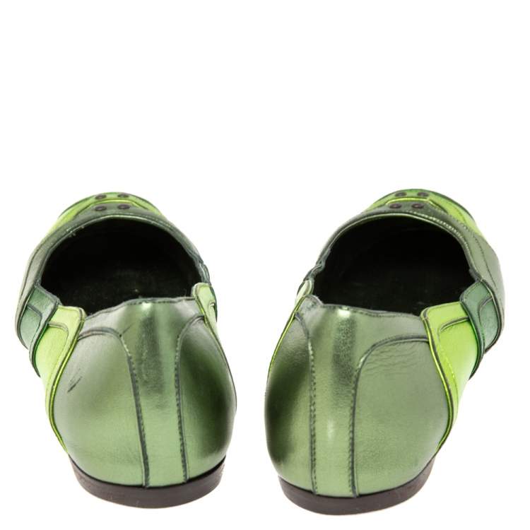 Pre Owned Bottega Veneta Metallic Green Leather Ballet Flats Size 38