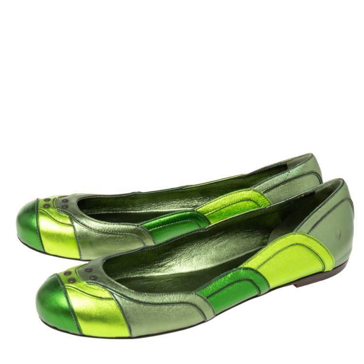 Pre Owned Bottega Veneta Metallic Green Leather Ballet Flats Size 38