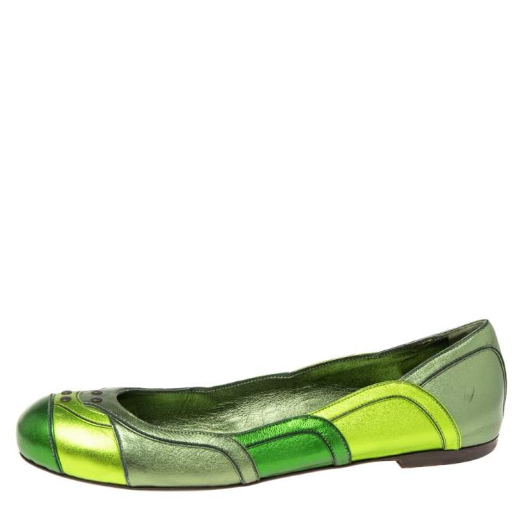 Pre Owned Bottega Veneta Metallic Green Leather Ballet Flats Size 38
