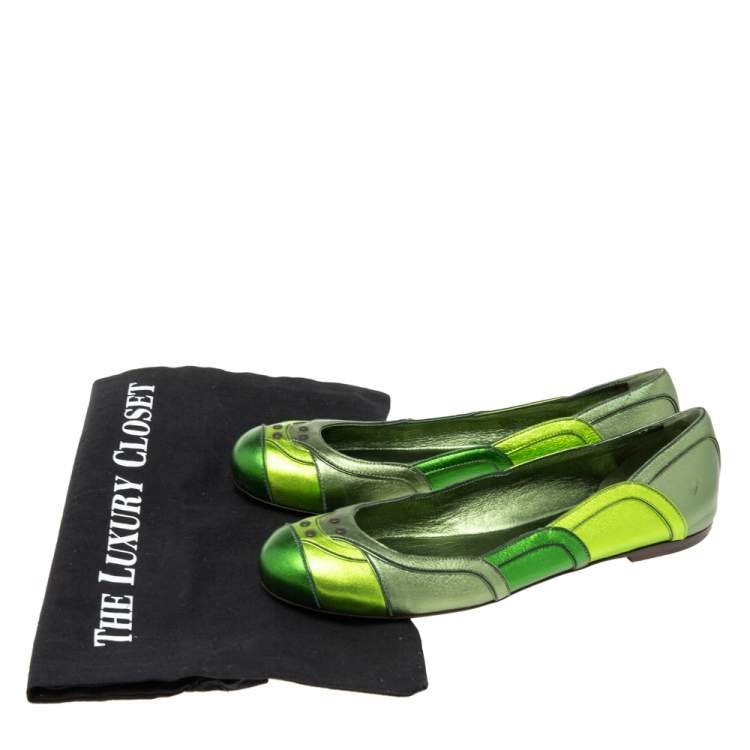 Pre Owned Bottega Veneta Metallic Green Leather Ballet Flats Size 38