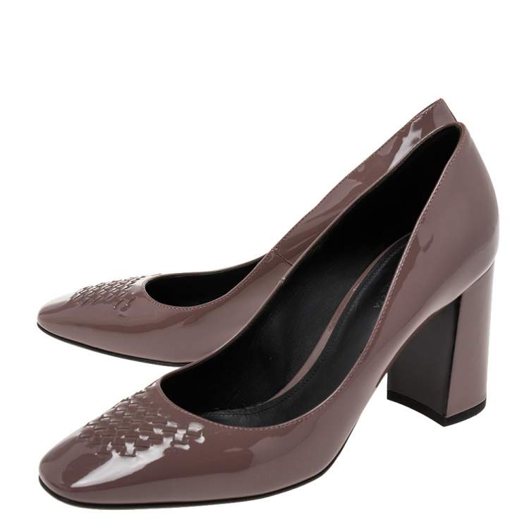 Pre Owned Bottega Veneta Brown Patent Leather Block Pumps Size 38.5