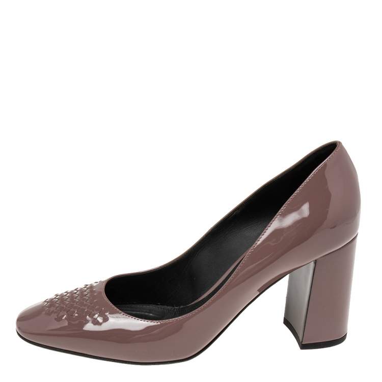 Pre Owned Bottega Veneta Brown Patent Leather Block Pumps Size 38.5