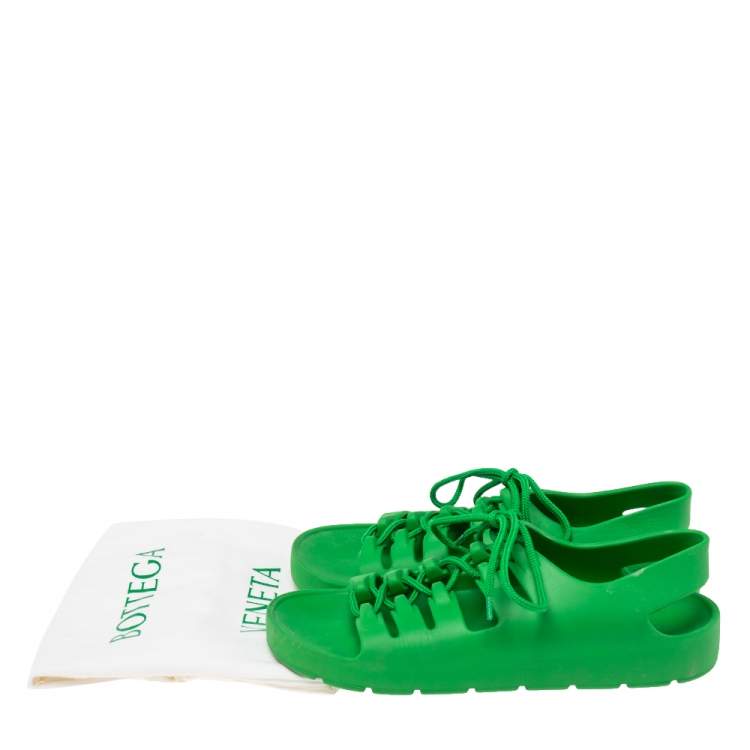 Pre Owned Bottega Veneta Green Rubber Lace Up Flat Sandals Size 39