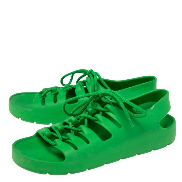 Pre Owned Bottega Veneta Green Rubber Lace Up Flat Sandals Size 39
