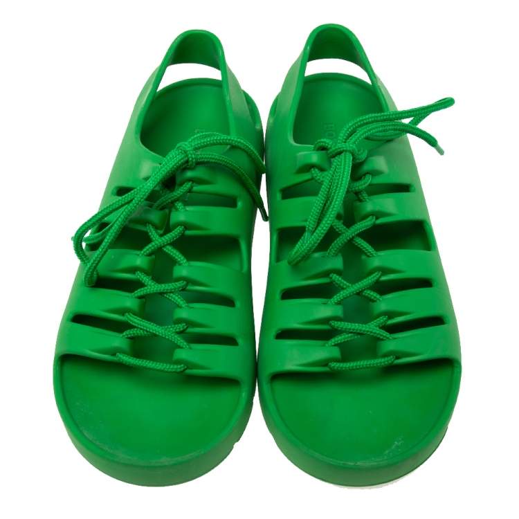 Pre Owned Bottega Veneta Green Rubber Lace Up Flat Sandals Size 39