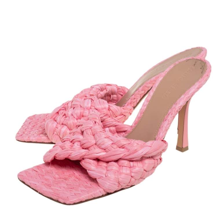 Pre Owned Bottega Veneta Pink Intrecciato Raffia Slide Sandals Size 39