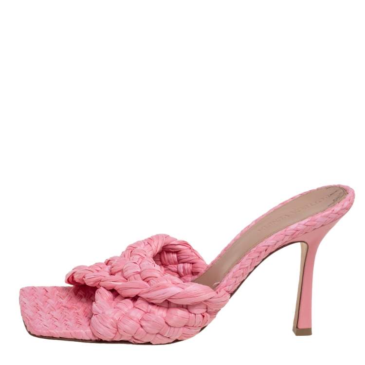 Pre Owned Bottega Veneta Pink Intrecciato Raffia Slide Sandals Size 39