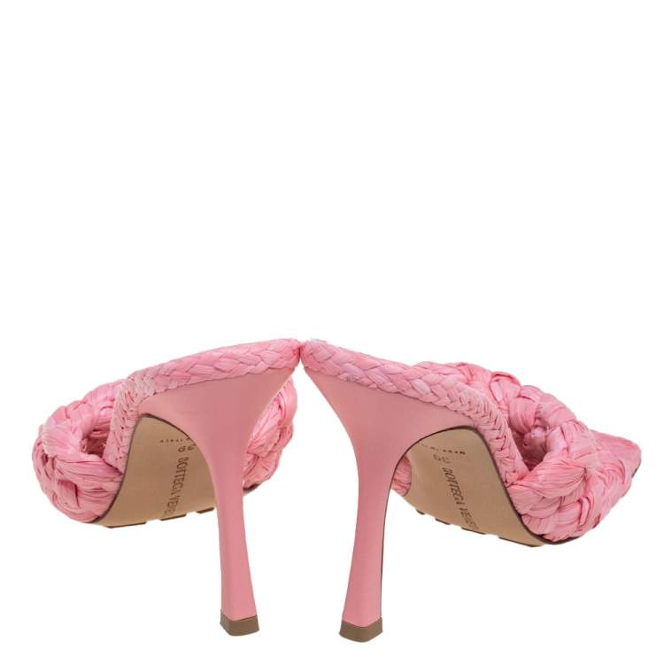 Pre Owned Bottega Veneta Pink Intrecciato Raffia Slide Sandals Size 39