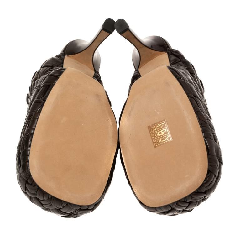 Pre Owned Bottega Veneta Dark Brown Intrecciato Leather The Bold Mules Size 38 