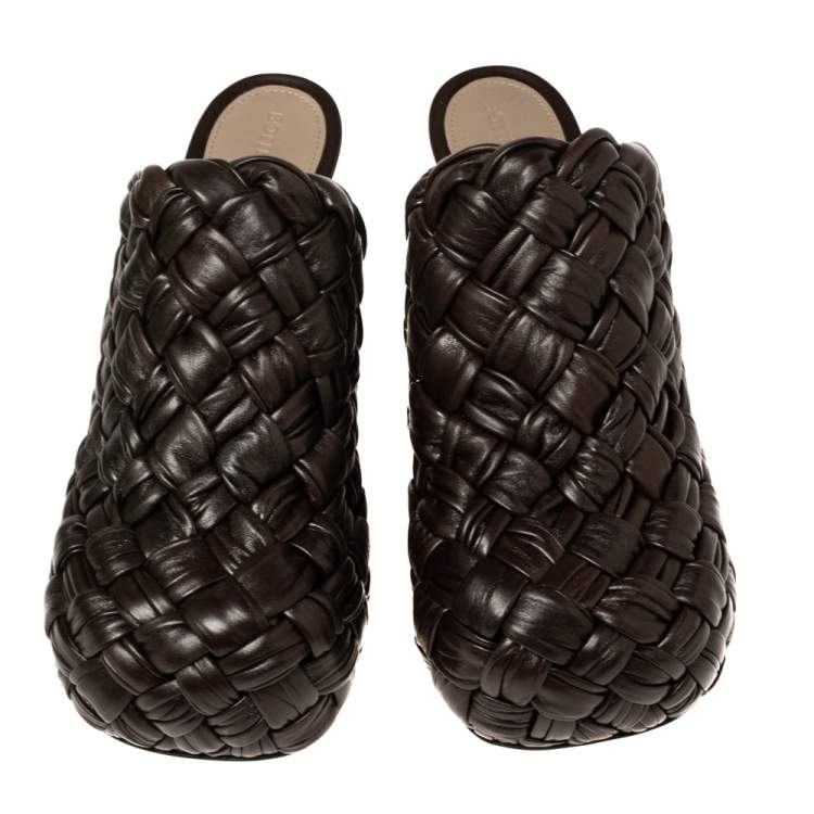 Pre Owned Bottega Veneta Dark Brown Intrecciato Leather The Bold Mules Size 38 