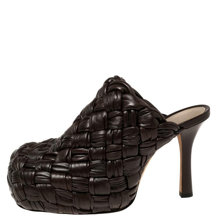 Pre Owned Bottega Veneta Dark Brown Intrecciato Leather The Bold Mules Size 38 