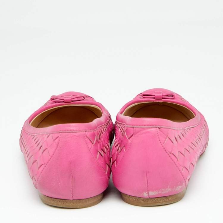 Pre Owned Bottega Veneta Pink Intrecciato Leather Bow Ballet Flats Size 37