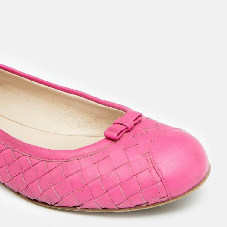 Pre Owned Bottega Veneta Pink Intrecciato Leather Bow Ballet Flats Size 37