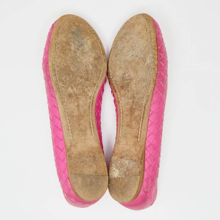 Pre Owned Bottega Veneta Pink Intrecciato Leather Bow Ballet Flats Size 37