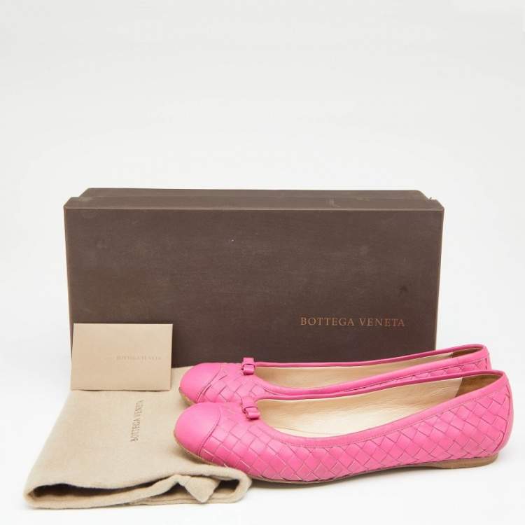 Pre Owned Bottega Veneta Pink Intrecciato Leather Bow Ballet Flats Size 37