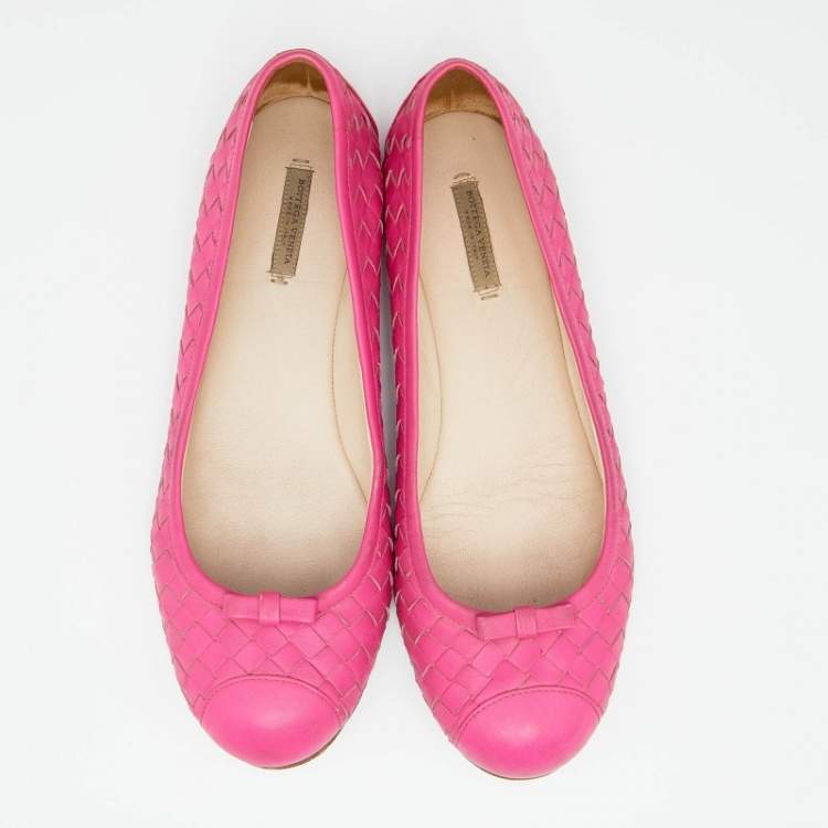 Pre Owned Bottega Veneta Pink Intrecciato Leather Bow Ballet Flats Size 37
