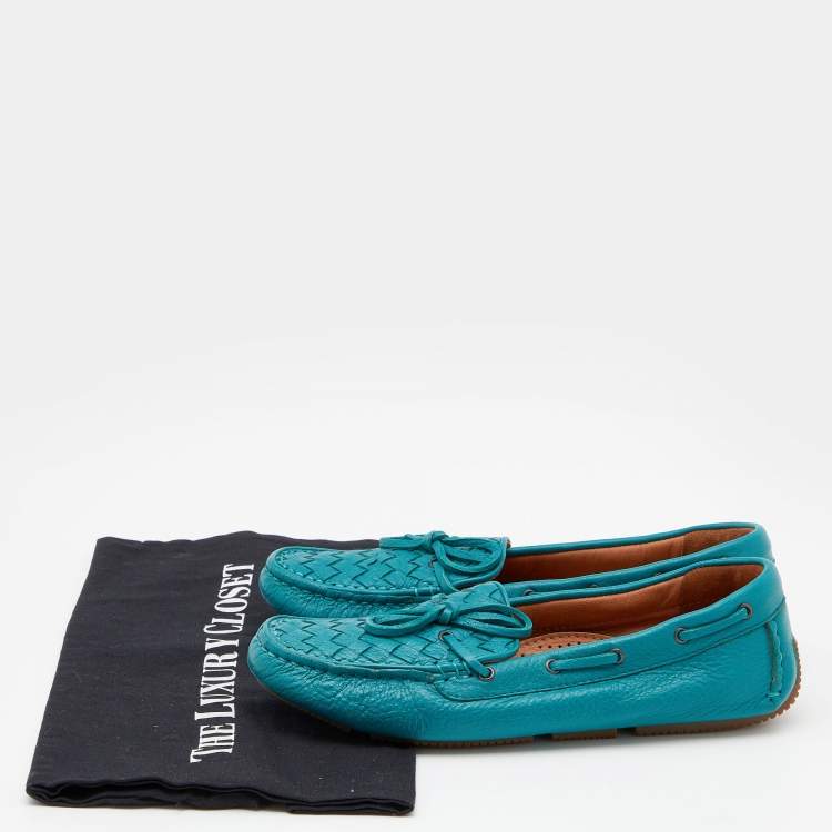 Pre Owned Bottega Veneta Pale Blue Intrecciato Leather Bow Slip On Loafers Size 37