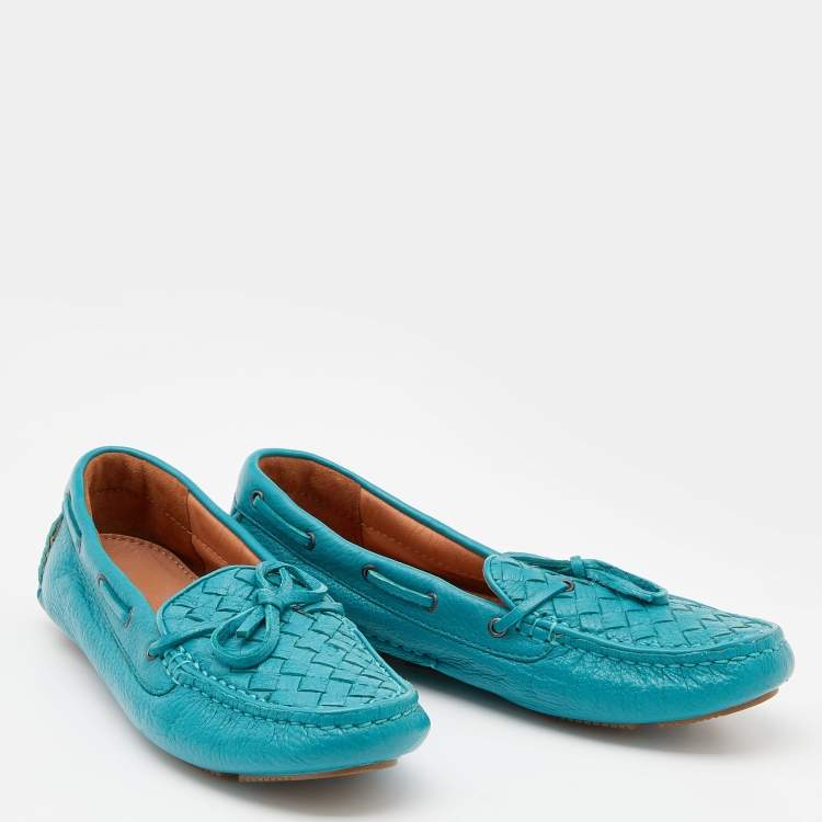 Pre Owned Bottega Veneta Pale Blue Intrecciato Leather Bow Slip On Loafers Size 37