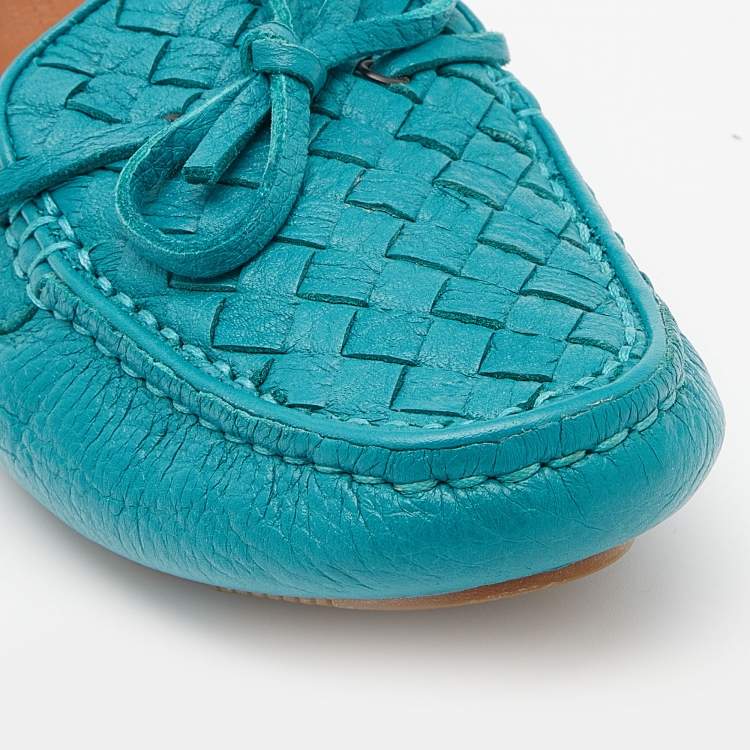 Pre Owned Bottega Veneta Pale Blue Intrecciato Leather Bow Slip On Loafers Size 37