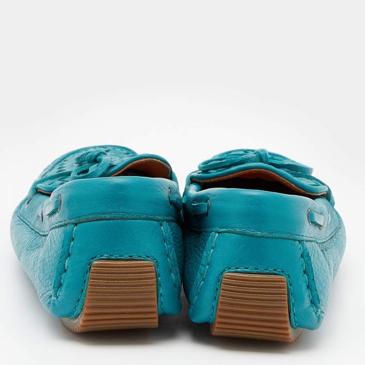 Pre Owned Bottega Veneta Pale Blue Intrecciato Leather Bow Slip On Loafers Size 37