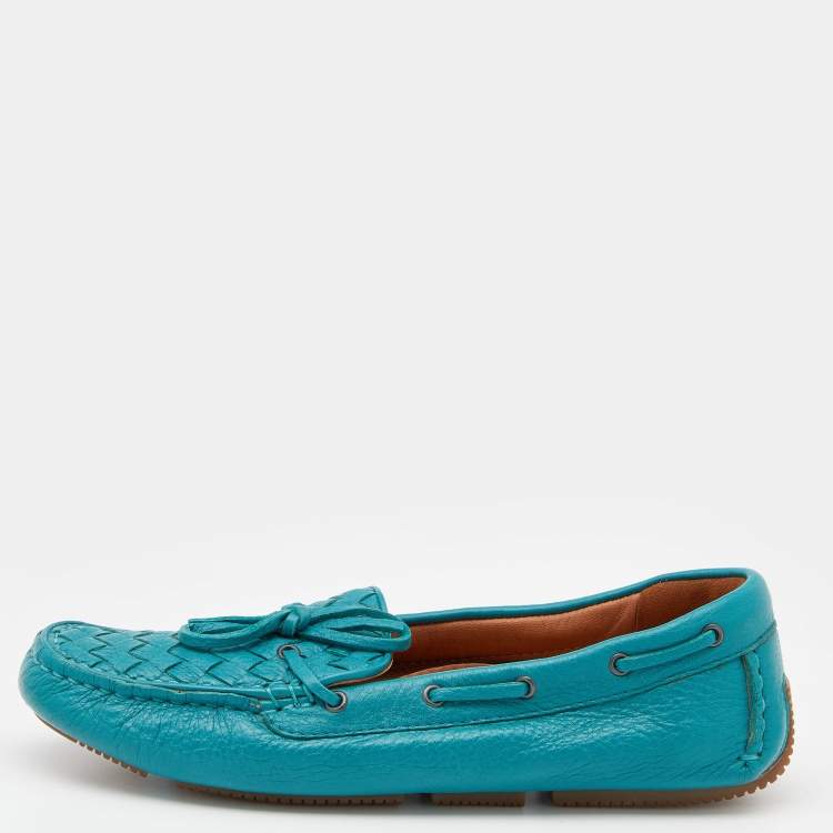Pre Owned Bottega Veneta Pale Blue Intrecciato Leather Bow Slip On Loafers Size 37