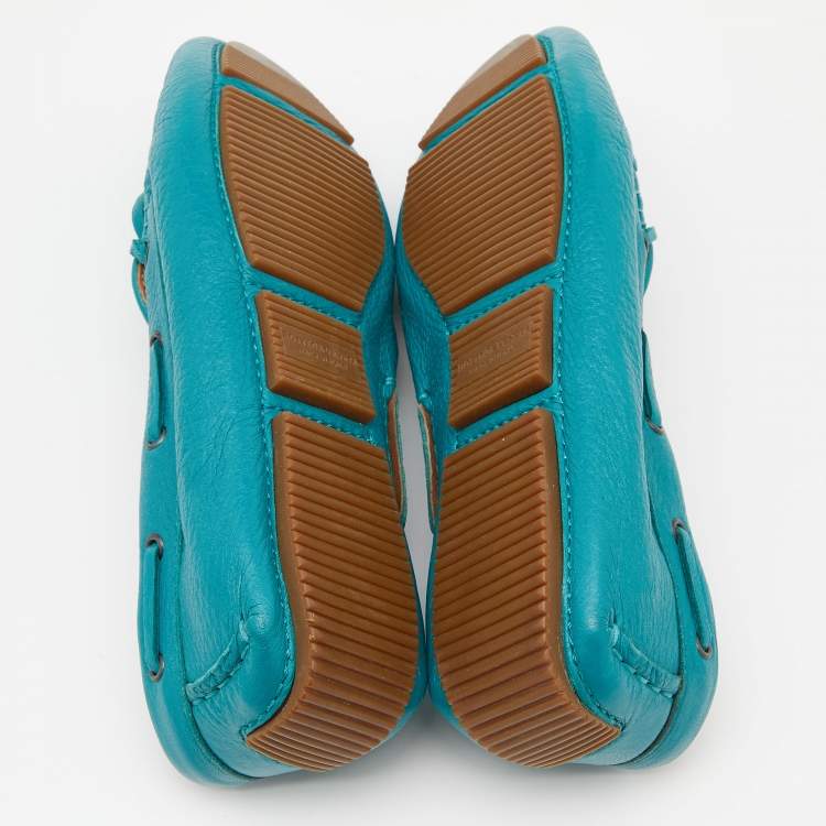Pre Owned Bottega Veneta Pale Blue Intrecciato Leather Bow Slip On Loafers Size 37