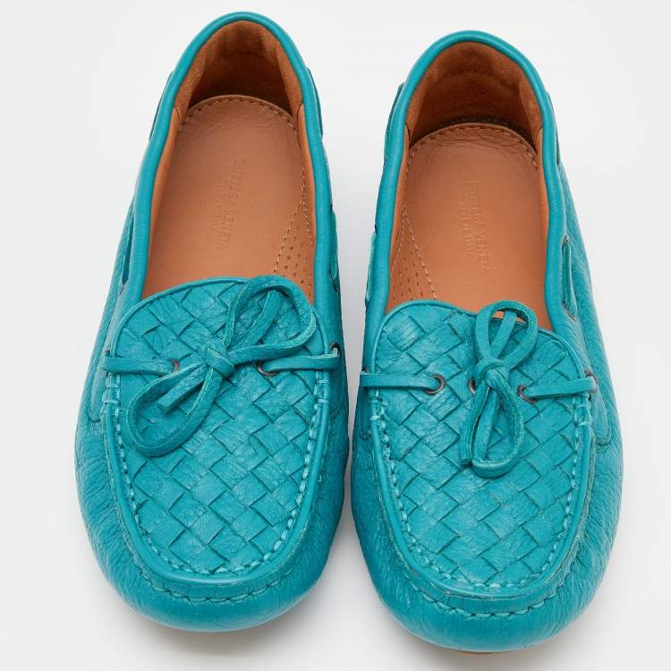 Pre Owned Bottega Veneta Pale Blue Intrecciato Leather Bow Slip On Loafers Size 37