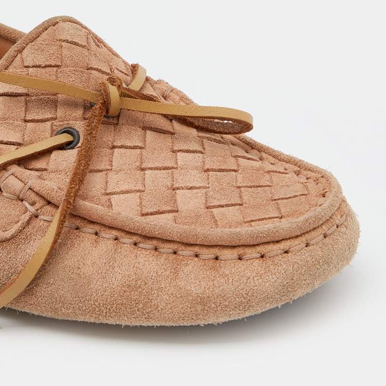 Pre Owned Bottega Veneta Beige Intrecciato Suede Bow Slip On Loafers Size 37