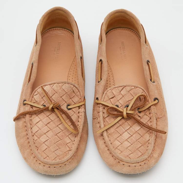 Pre Owned Bottega Veneta Beige Intrecciato Suede Bow Slip On Loafers Size 37