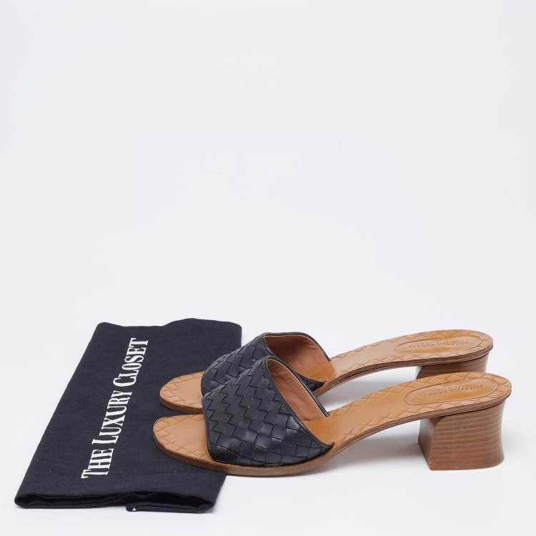 Pre Owned Bottega Veneta Black Intrecciato Leather Ravello Slide Sandals Size 39.5