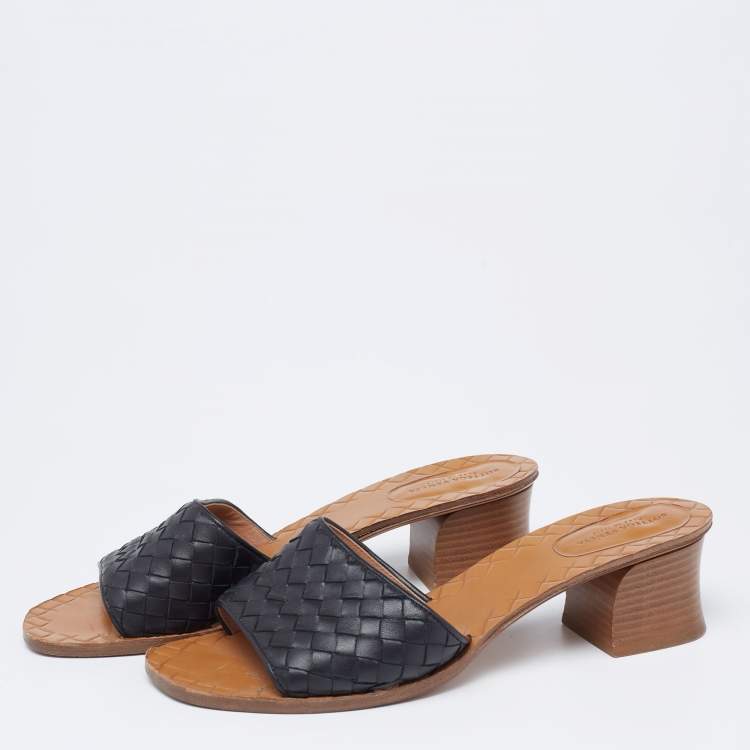 Bottega Veneta Black Intrecciato Leather Ravello Slide Sandals