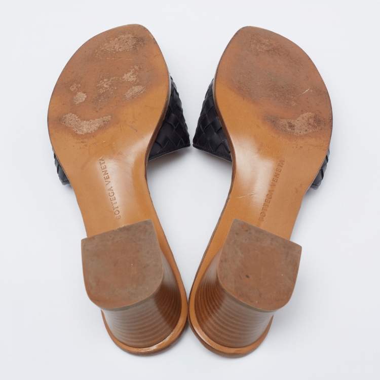 Pre Owned Bottega Veneta Black Intrecciato Leather Ravello Slide Sandals Size 39.5