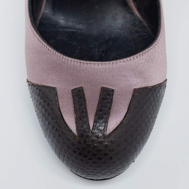 Pre Owned Bottega Veneta Brown/Mauve Lizard Leather and Satin Mary Jane Pumps Size 38.5