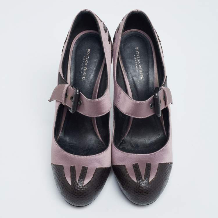 Pre Owned Bottega Veneta Brown/Mauve Lizard Leather and Satin Mary Jane Pumps Size 38.5