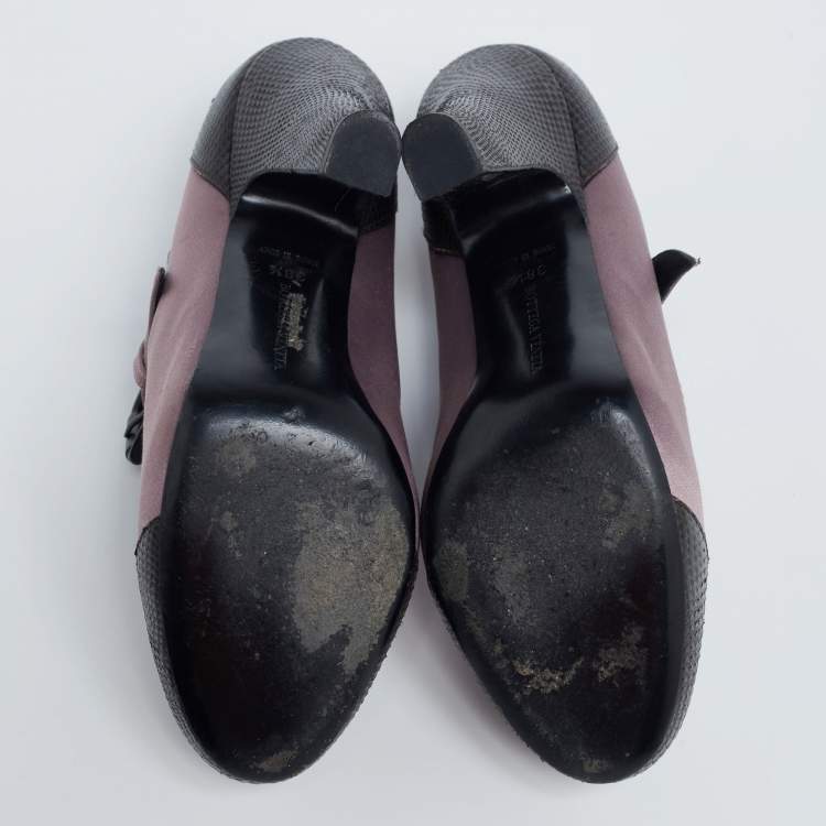 Pre Owned Bottega Veneta Brown/Mauve Lizard Leather and Satin Mary Jane Pumps Size 38.5