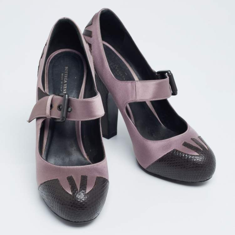 Pre Owned Bottega Veneta Brown/Mauve Lizard Leather and Satin Mary Jane Pumps Size 38.5