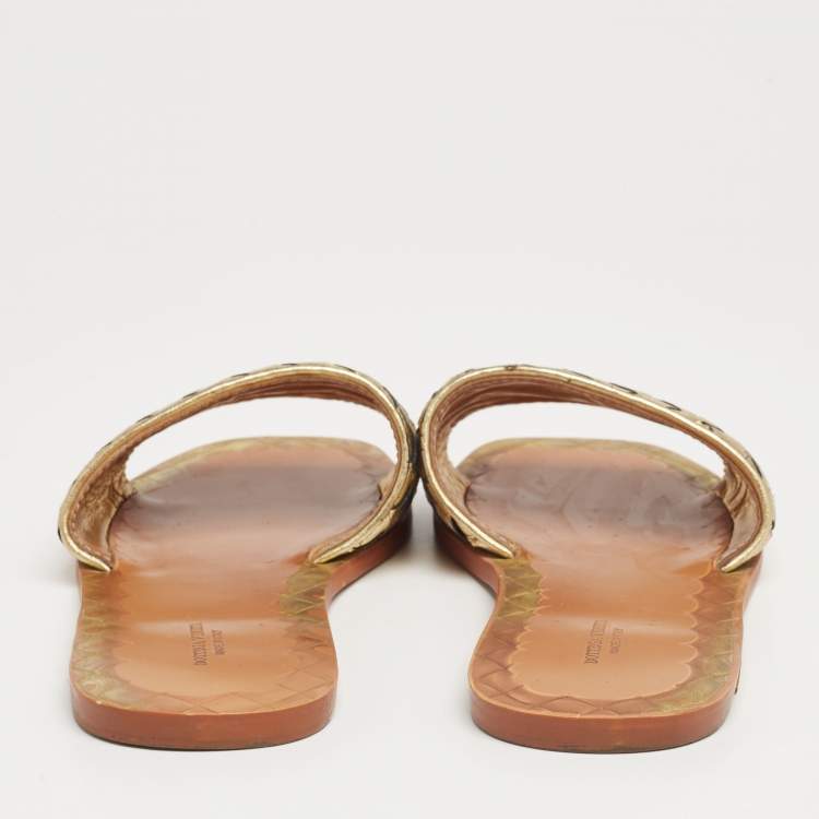 Pre Owned Bottega Veneta Gold Intrecciato Leather Flat Slides Size 37