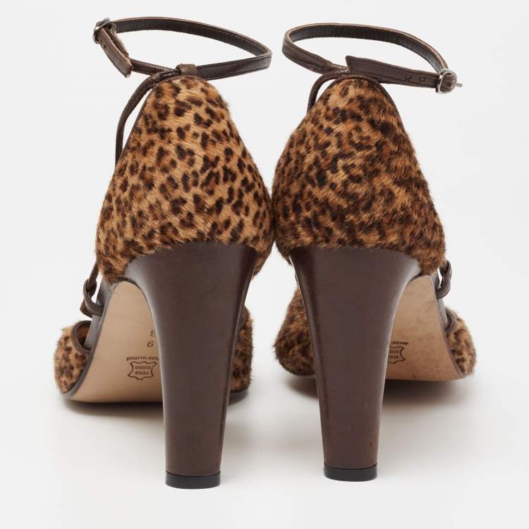 Pre Owned Bottega Veneta Brown Calf Hair And Leather Ankle Strap Sandals Size 9 
