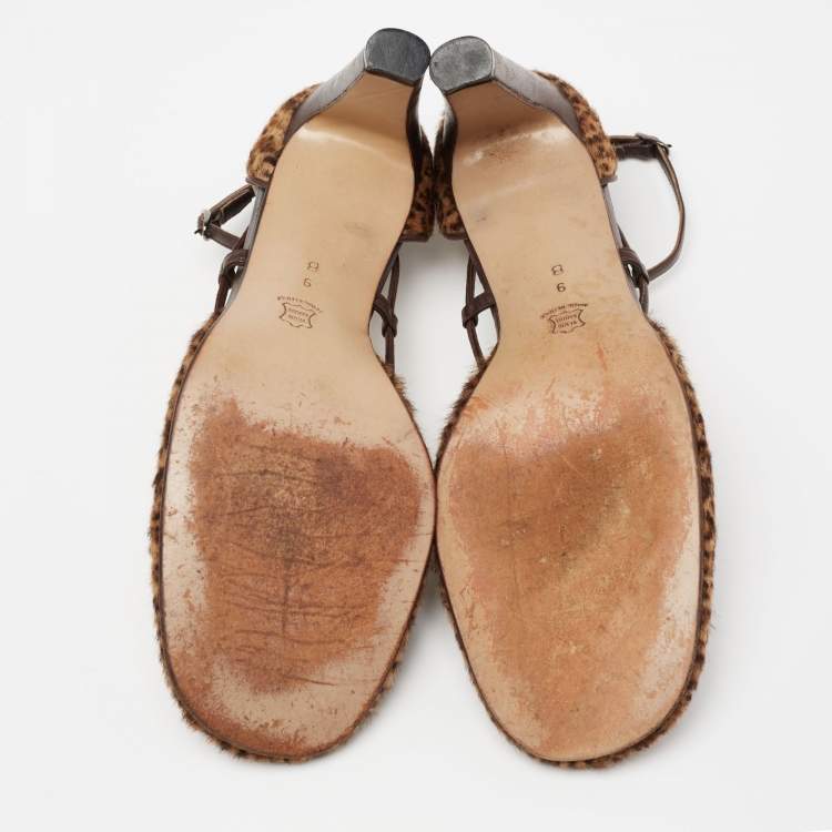 Pre Owned Bottega Veneta Brown Calf Hair And Leather Ankle Strap Sandals Size 9 