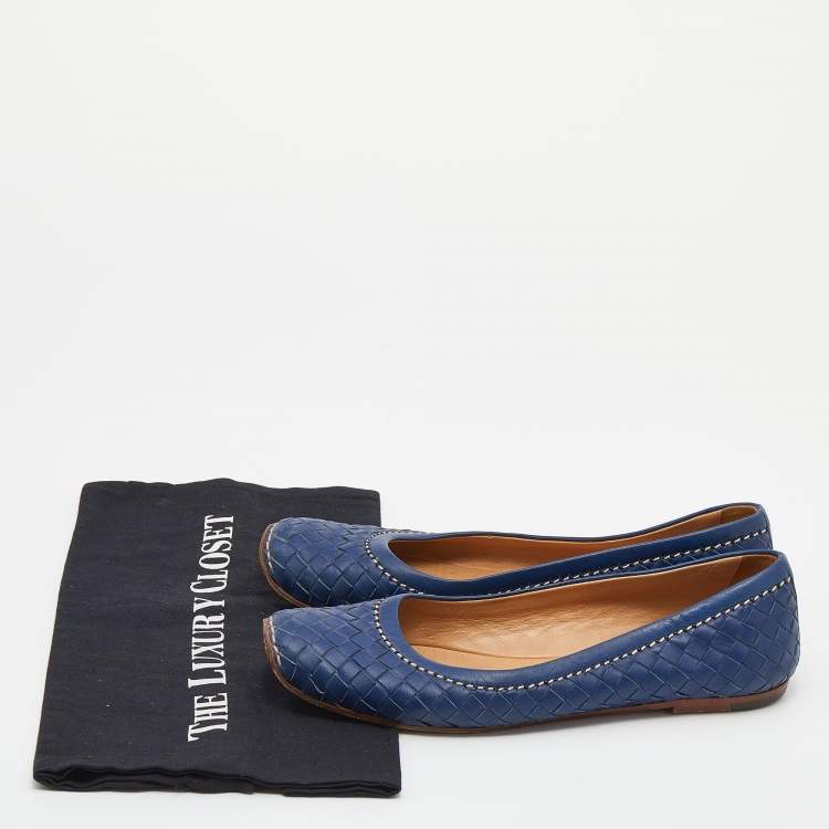 Pre Owned Bottega Veneta Blue Intrecciato Leather Ballet Flats Size 38.5